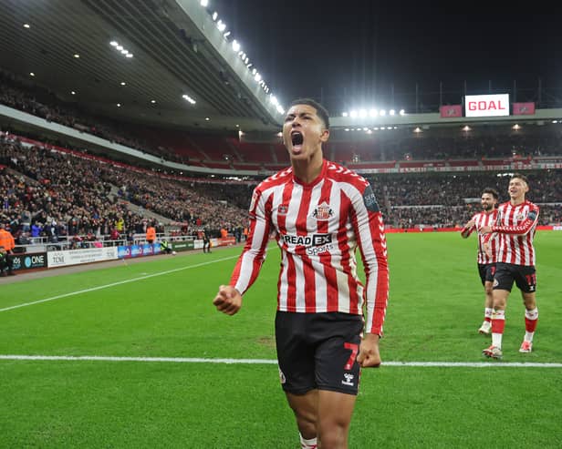 Jobe celebrating his opening goal against Derby County at the Stadium of Light on October 1.