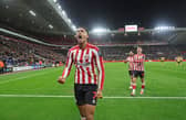 Jobe celebrating his opening goal against Derby County at the Stadium of Light on October 1.