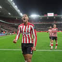 Jobe celebrating his opening goal against Derby County at the Stadium of Light on October 1.