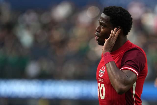 Jonathan David #10 of Canada celebrates after scoring his team's second goal against the United States during the second half of a CONCACAF Nations League third-place match at SoFi Stadium on March 23, 2025 in Inglewood, California. (Photo by Michael Owens/Getty Images)