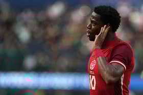 Jonathan David #10 of Canada celebrates after scoring his team's second goal against the United States during the second half of a CONCACAF Nations League third-place match at SoFi Stadium on March 23, 2025 in Inglewood, California. (Photo by Michael Owens/Getty Images)