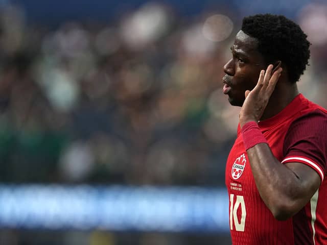 Jonathan David #10 of Canada celebrates after scoring his team's second goal against the United States during the second half of a CONCACAF Nations League third-place match at SoFi Stadium on March 23, 2025 in Inglewood, California. (Photo by Michael Owens/Getty Images)