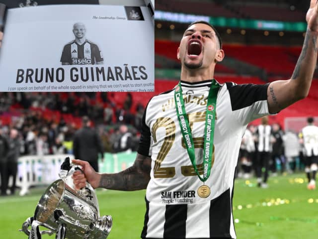 Newcastle United midfielder Bruno Guimaraes with the Carabao Cup. 