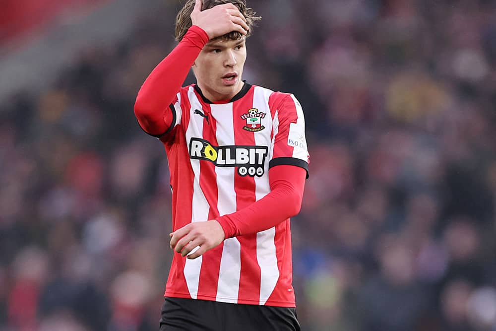Tyler Dibling of Southampton reacts during the Emirates FA Cup Fourth Round match between Southampton and Burnley at St Mary's Stadium on February 08, 2025 in Southampton, England. (Photo by Harry Murphy/Getty Images)