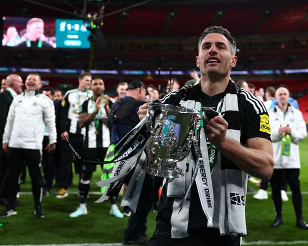 Fabian Schar with the Carabao Cup. 