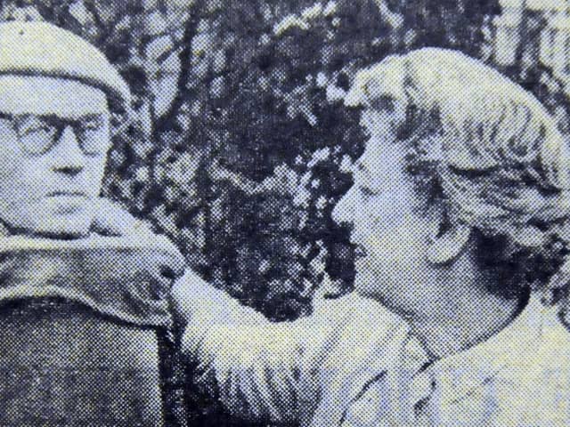 John Guthrie's wife Marie pictured in the 1960s with the modelled head of her husband.