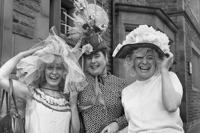 Geraldine Barrow, Anita McGurrell and Barbara McKie showed off their bonnets in 1975.