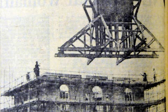 The delicate operation to put the roof on South Shields Town Hall in 1977.