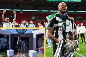 Joelinton celebrates Carabao Cup win in Brazil. 