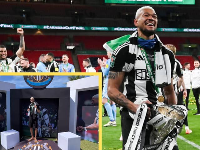 Joelinton celebrates Carabao Cup win in Brazil. 