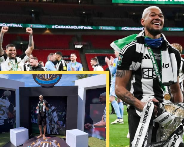 Joelinton celebrates Carabao Cup win in Brazil. 