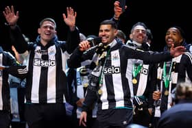 Bruno Guimaraes of Newcastle United speaks on stage during the Newcastle United trophy parade and celebration on March 29, 2025 in Newcastle upon Tyne, England. Newcastle United defeated Liverpool in the Carabao Cup Final to end their seventy-year domestic trophy drought. (Photo by Ed Sykes/Getty Images)