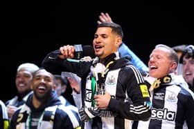 Bruno Guimaraes of Newcastle United speaks on stage during the Newcastle United trophy parade and celebration on March 29, 2025 in Newcastle upon Tyne, England. Newcastle United defeated Liverpool in the Carabao Cup Final to end their seventy-year domestic trophy drought. (Photo by Ed Sykes/Getty Images)