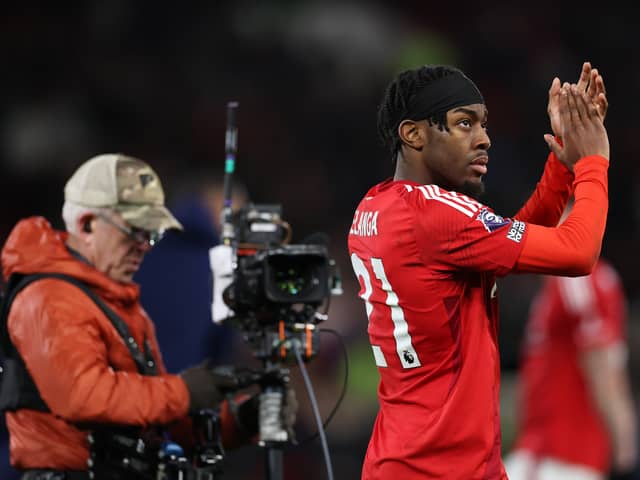 Anthony Elanga of Nottingham Forest applauds the fans after victory against Manchester United during the Premier League match between Nottingham Forest FC and Manchester United FC at City Ground on April 01, 2025 in Nottingham, England.