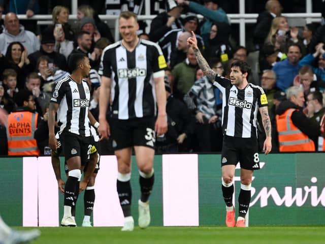 Sandro Tonali of Newcastle United celebrates scoring his team's second goal during the Premier League match between Newcastle United FC and Brentford FC at St James' Park on April 02, 2025 in Newcastle upon Tyne, England. (Photo by Stu Forster/Getty Images)