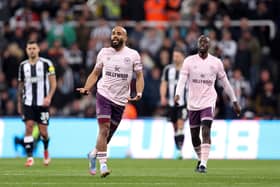 Bryan Mbeumo of Brentford celebrates scoring his team's first goal during the Premier League match between Newcastle United and Brentford FC at St James' Park on April 02, 2025 in Newcastle upon Tyne, England. (Photo by George Wood/Getty Images)
