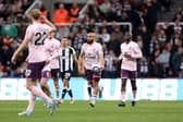 Bryan Mbeumo of Brentford (C) celebrates scoring his team's first goal during the Premier League match between Newcastle United FC and Brentford FC at St James' Park on April 02, 2025 in Newcastle upon Tyne, England. (Photo by George Wood/Getty Images)