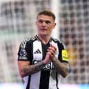 Kieran Trippier of Newcastle United applauds the fans during the Premier League match between Newcastle United FC and Brentford FC at St James' Park on April 02, 2025 in Newcastle upon Tyne, England. (Photo by George Wood/Getty Images)