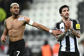 Sandro Tonali of Newcastle and Joelinton (l) applaud the fans after the Premier League match between Newcastle United FC and Brentford FC at St James' Park on April 02, 2025 in Newcastle upon Tyne, England. (Photo by Stu Forster/Getty Images)