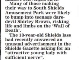 The Shields Gazette report of Shirley Brown who was 'risking life and limbs on the Wall of Death'