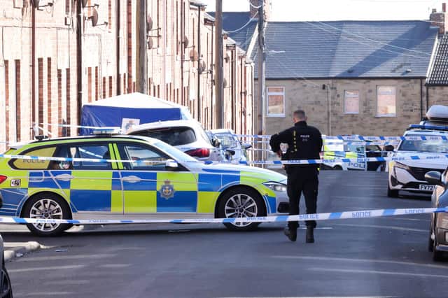 Police at the scene on Elm Street in Stanley, County Durham, where an investigation was launched after a man died following a reported shooting.