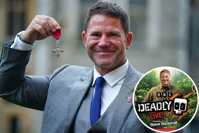 Main image: Naturalist and TV presenter Steve Backshall receiving the MBE in 2021. Inset: Deadly Live! poster