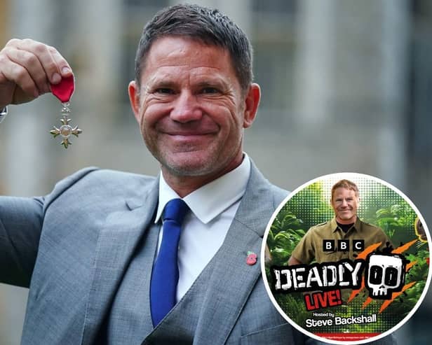 Main image: Naturalist and TV presenter Steve Backshall receiving the MBE in 2021. Inset: Deadly Live! poster