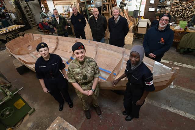 South Shields Sea Cadets Amber Wood, Abbie Simpson and Amaani Bamgbose, chairman John Eltringham, vice chair Keith trotter, and North East Maritime Trust chairman Alec Renwick.