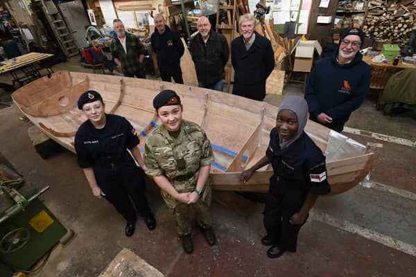 South Shields Sea Cadets Amber Wood, Abbie Simpson and Amaani Bamgbose, chairman John Eltringham, vice chair Keith trotter, and North East Maritime Trust chairman Alec Renwick.
