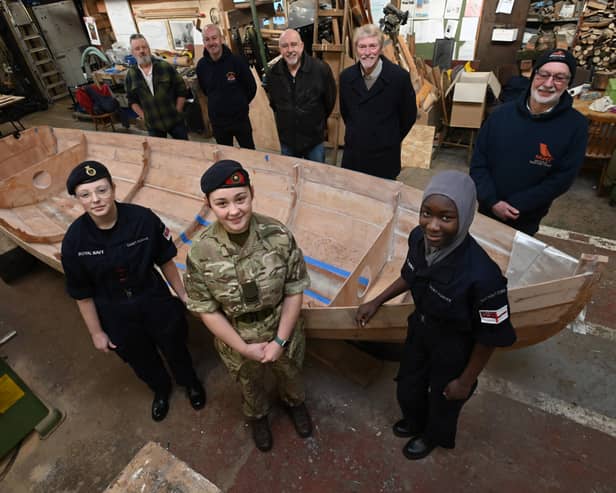 South Shields Sea Cadets Amber Wood, Abbie Simpson and Amaani Bamgbose, chairman John Eltringham, vice chair Keith trotter, and North East Maritime Trust chairman Alec Renwick.