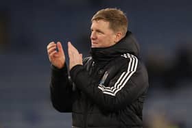 Newcastle United's English head coach Eddie Howe applauds fans on the pitch after the English Premier League football match between Leicester City and Newcastle United at King Power Stadium in Leicester, central England on April 7, 2025. Newcastle won the game 3-0. 