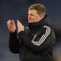 Newcastle United's English head coach Eddie Howe applauds fans on the pitch after the English Premier League football match between Leicester City and Newcastle United at King Power Stadium in Leicester, central England on April 7, 2025. Newcastle won the game 3-0. 