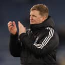Newcastle United's English head coach Eddie Howe applauds fans on the pitch after the English Premier League football match between Leicester City and Newcastle United at King Power Stadium in Leicester, central England on April 7, 2025. Newcastle won the game 3-0. 