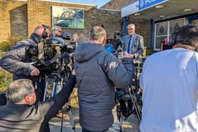 Superintendent Peter Carr speaking outside Stanley Police Station.