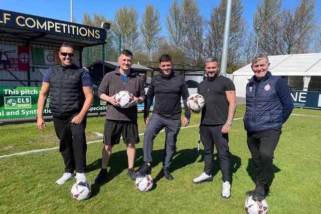 From left: Brian Houshby, of Wolf Competitions, John Fada, Jak's uncle, Tony Fada, Jak's dad, James Scott, CEO of Wolf Competitions, and Carl Mowatt, Commercial Director at South Shields Football Club.