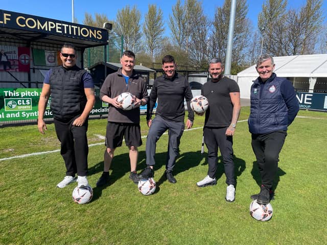 From left: Brian Houshby, of Wolf Competitions, John Fada, Jak's uncle, Tony Fada, Jak's dad, James Scott, CEO of Wolf Competitions, and Carl Mowatt, Commercial Director at South Shields Football Club.