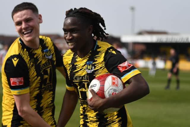 Joao Gomes celebrates after scoring in Hebburn Town's 1-1 home draw with Mickleover (photo Tyler Lopes)