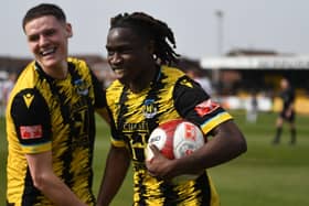 Joao Gomes celebrates after scoring in Hebburn Town's 1-1 home draw with Mickleover (photo Tyler Lopes)