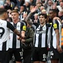 Sandro Tonali of Newcastle United celebrates scoring his team's first goal with teammates Bruno Guimaraes, Harvey Barnes and Alexander Isak during the Premier League match between Newcastle United FC and Manchester United FC at St James' Park on April 13, 2025 in Newcastle upon Tyne, England. (Photo by George Wood/Getty Images)