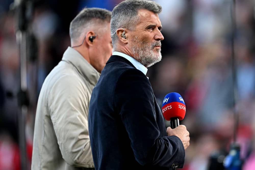  Former Footballer and Manager Roy Keane looks on as he presents on Sky Sports prior to the Premier League match between Manchester United FC and Fulham FC at Old Trafford on August 16, 2024 in Manchester, England. (Photo by Michael Regan/Getty Images)