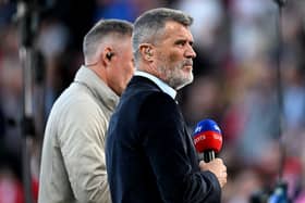  Former Footballer and Manager Roy Keane looks on as he presents on Sky Sports prior to the Premier League match between Manchester United FC and Fulham FC at Old Trafford on August 16, 2024 in Manchester, England. (Photo by Michael Regan/Getty Images)