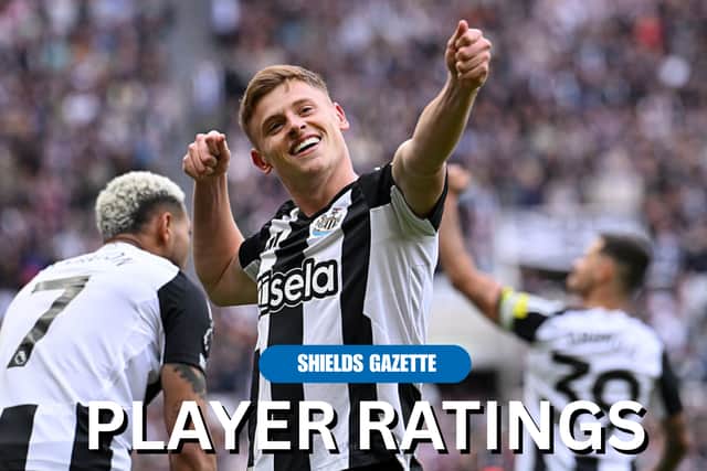 Harvey Barnes celebrates scoring against Manchester United. 