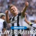 Harvey Barnes celebrates scoring against Manchester United. 