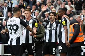 Alexander Isak celebrates Sandro Tonali’s goal v Manchester United. 