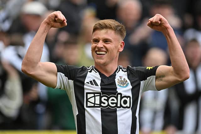 Newcastle United's English midfielder #11 Harvey Barnes celebrates after scoring their third goal during the English Premier League football match between Newcastle United and Manchester United at St James' Park in Newcastle-upon-Tyne, north east England on April 13, 2025. 