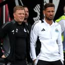 Newcastle United's English head coach Eddie Howe (L) and Newcastle United's assistant coach Jason Tindall react on the touchline during the English Premier League football match between Bournemouth and Newcastle United at the Vitality Stadium in Bournemouth, southern England on August 25, 2024.   (Photo by ADRIAN DENNIS/AFP via Getty Images)
