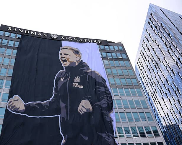 A detailed view of a giant banner of Eddie Howe, Manager of Newcastle United, on the side of the Sandman Signature Hotel, during the Newcastle United trophy parade and celebration on March 29, 2025 in Newcastle upon Tyne, England. Newcastle United defeated Liverpool in the Carabao Cup Final to end their seventy-year domestic trophy drought. (Photo by Stu Forster/Getty Images)