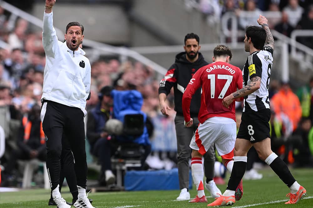 Jason Tindall, assistant coach of Newcastle United reacts on the touchline during the Premier League match between Newcastle United FC and Manchester United FC at St James' Park on April 13, 2025 in Newcastle upon Tyne, England. (Photo by Stu Forster/Getty Images)