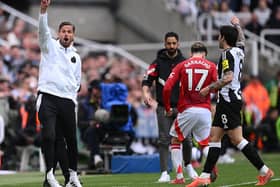 Jason Tindall, assistant coach of Newcastle United reacts on the touchline during the Premier League match between Newcastle United FC and Manchester United FC at St James' Park on April 13, 2025 in Newcastle upon Tyne, England. (Photo by Stu Forster/Getty Images)