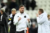 Jason Tindall, Assistant Manager of Newcastle United, celebrates at the end of the Premier League match between Newcastle United FC and Crystal Palace FC at St James' Park on April 16, 2025 in Newcastle upon Tyne, England. (Photo by Stu Forster/Getty Images)